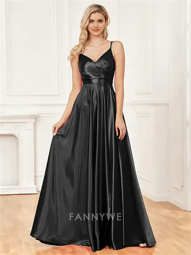 FannyWe Simple A-Line Quinceanera Dresses Elegant Dress Formal Wedding Floor Length Sleeveless Spaghetti Strap Satin with Pleats Slit