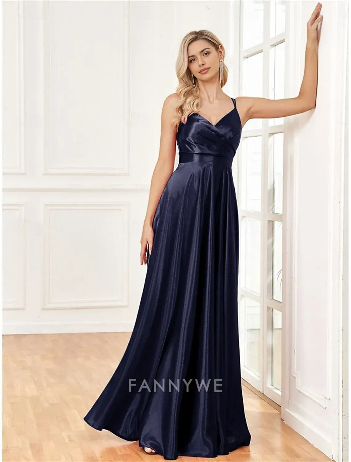 FannyWe Simple A-Line Quinceanera Dresses Elegant Dress Formal Wedding Floor Length Sleeveless Spaghetti Strap Satin with Pleats Slit
