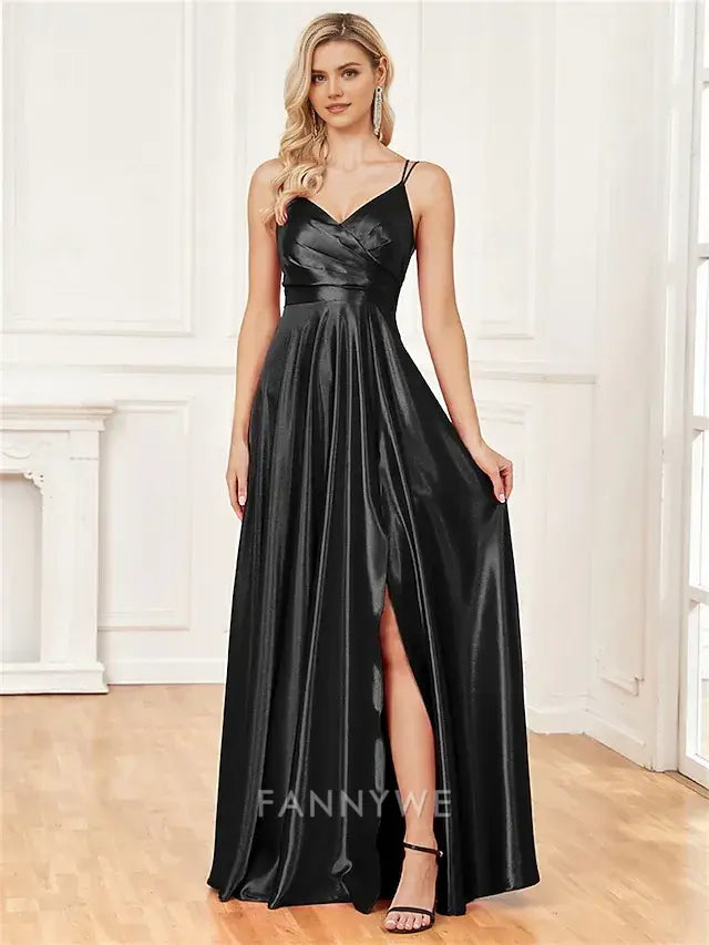 FannyWe Simple A-Line Quinceanera Dresses Elegant Dress Formal Wedding Floor Length Sleeveless Spaghetti Strap Satin with Pleats Slit