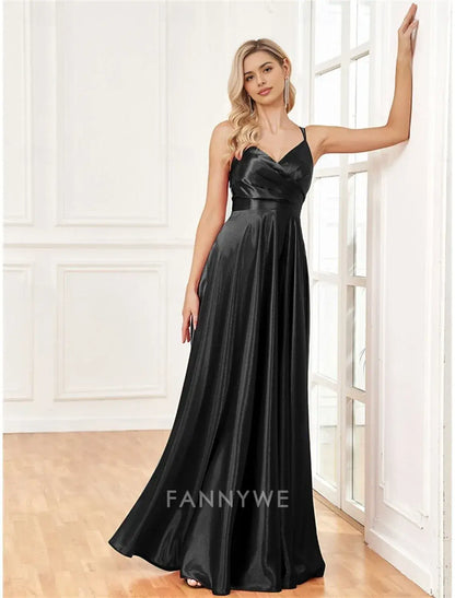 FannyWe Simple A-Line Quinceanera Dresses Elegant Dress Formal Wedding Floor Length Sleeveless Spaghetti Strap Satin with Pleats Slit