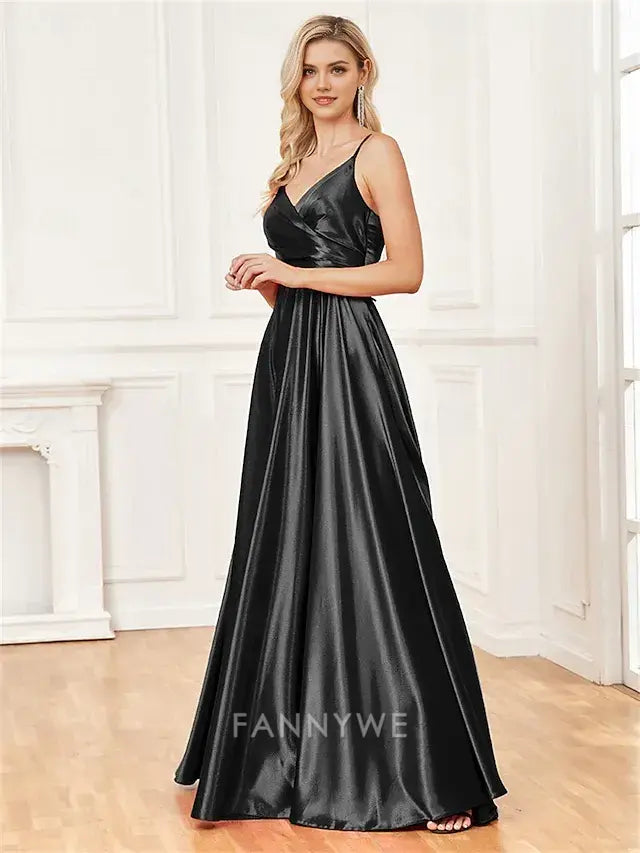 FannyWe Simple A-Line Quinceanera Dresses Elegant Dress Formal Wedding Floor Length Sleeveless Spaghetti Strap Satin with Pleats Slit