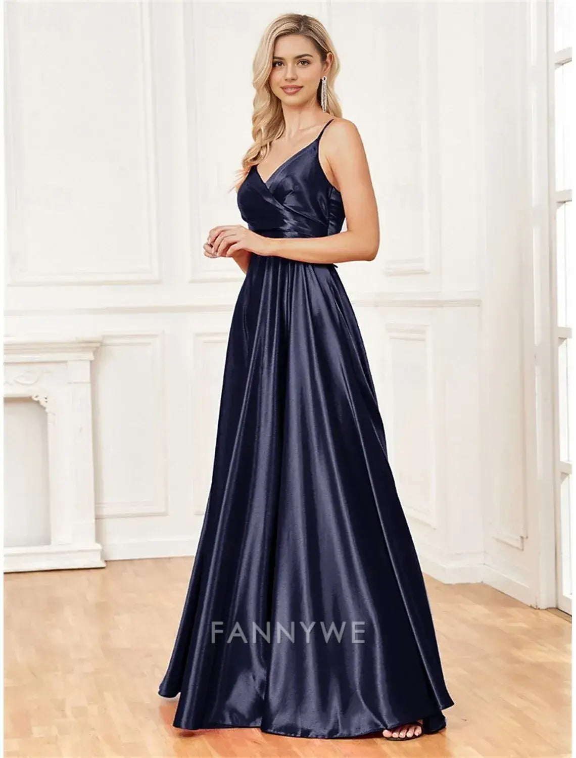FannyWe Simple A-Line Quinceanera Dresses Elegant Dress Formal Wedding Floor Length Sleeveless Spaghetti Strap Satin with Pleats Slit