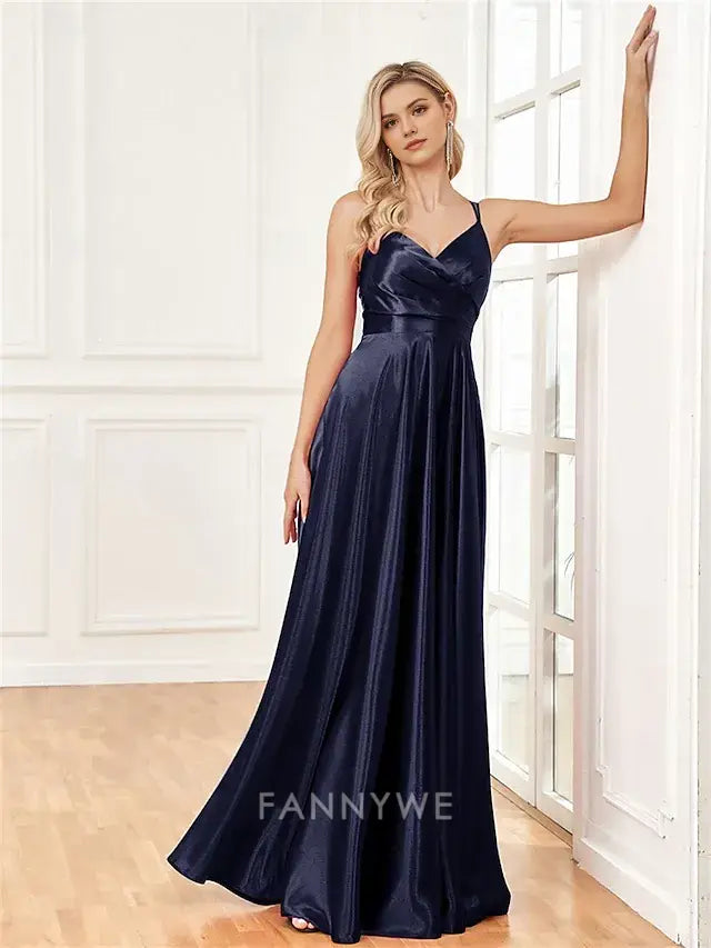 FannyWe Simple A-Line Quinceanera Dresses Elegant Dress Formal Wedding Floor Length Sleeveless Spaghetti Strap Satin with Pleats Slit
