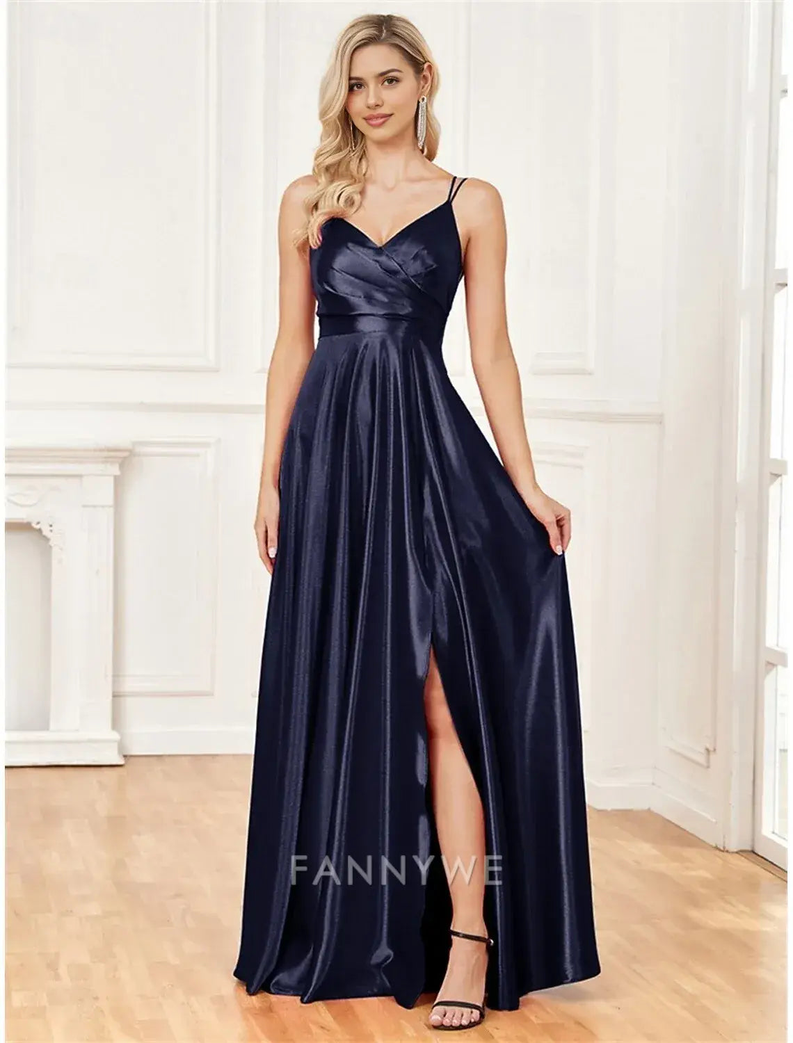FannyWe Simple A-Line Quinceanera Dresses Elegant Dress Formal Wedding Floor Length Sleeveless Spaghetti Strap Satin with Pleats Slit