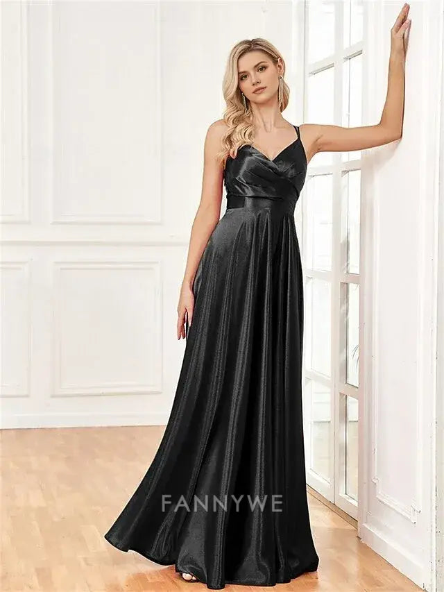 FannyWe Simple A-Line Quinceanera Dresses Elegant Dress Formal Wedding Floor Length Sleeveless Spaghetti Strap Satin with Pleats Slit