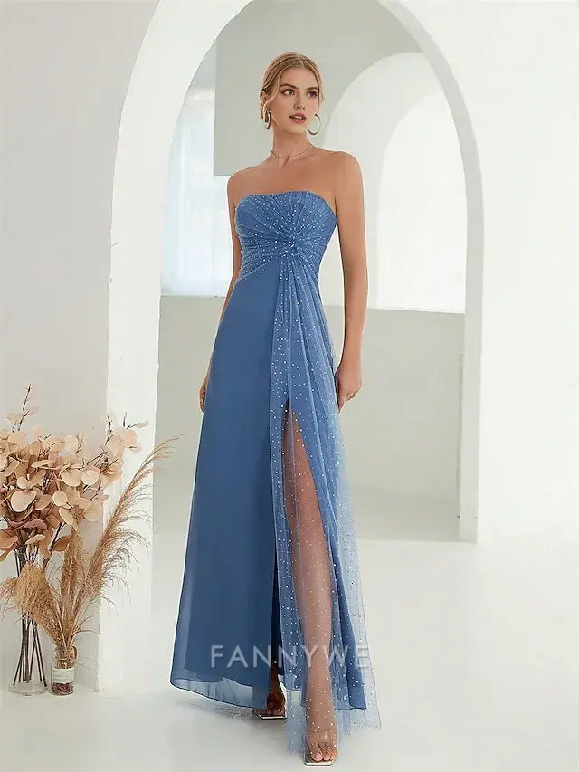 FannyWe Simple A-Line Quinceanera Dresses Elegant Dress Formal Wedding Floor Length Sleeveless Strapless Chiffon Backless with Slit