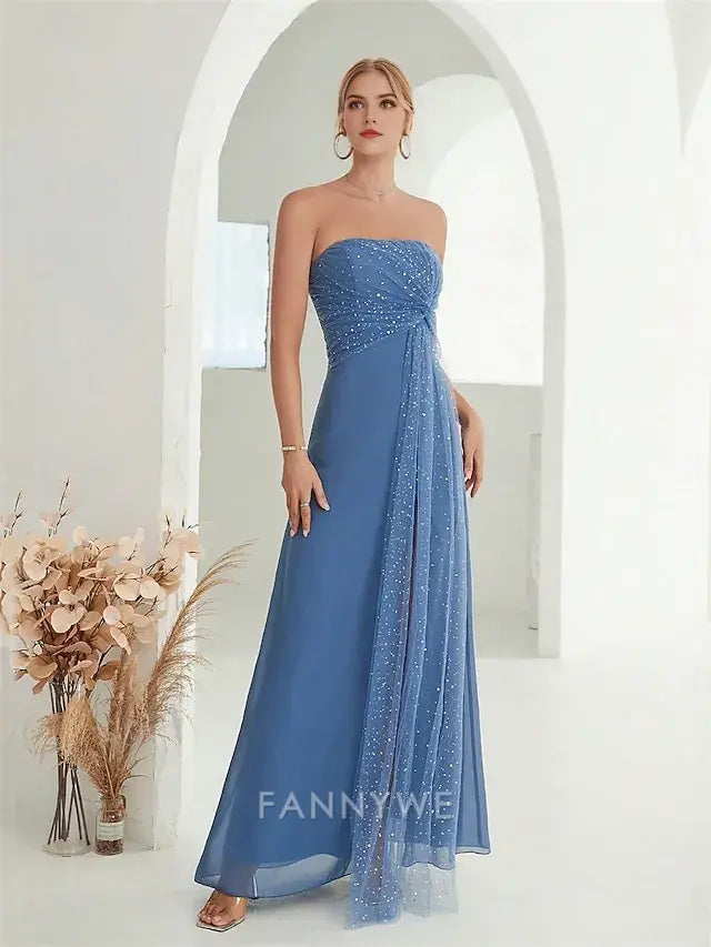 FannyWe Simple A-Line Quinceanera Dresses Elegant Dress Formal Wedding Floor Length Sleeveless Strapless Chiffon Backless with Slit