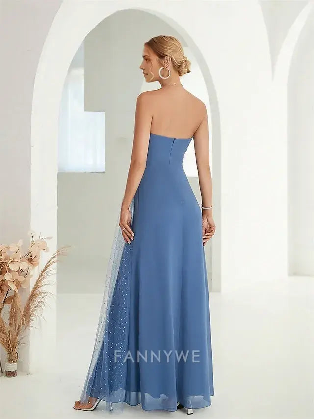 FannyWe Simple A-Line Quinceanera Dresses Elegant Dress Formal Wedding Floor Length Sleeveless Strapless Chiffon Backless with Slit