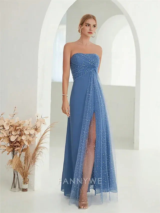 FannyWe Simple A-Line Quinceanera Dresses Elegant Dress Formal Wedding Floor Length Sleeveless Strapless Chiffon Backless with Slit