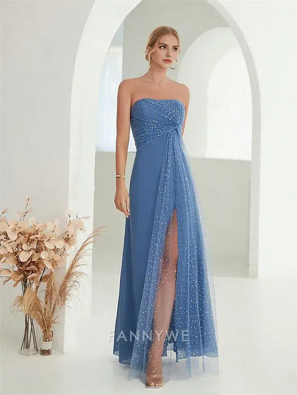 FannyWe Simple A-Line Quinceanera Dresses Elegant Dress Formal Wedding Floor Length Sleeveless Strapless Chiffon Backless with Slit