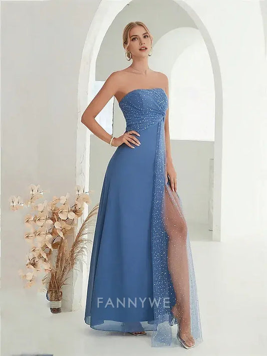 FannyWe Simple A-Line Quinceanera Dresses Elegant Dress Formal Wedding Floor Length Sleeveless Strapless Chiffon Backless with Slit