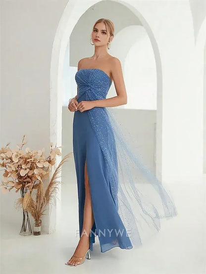 FannyWe Simple A-Line Quinceanera Dresses Elegant Dress Formal Wedding Floor Length Sleeveless Strapless Chiffon Backless with Slit