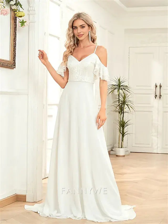 FannyWe Simple A-Line Quinceanera Dresses Elegant Dress Formal Wedding Floor Length Sleeveless Sweetheart Chiffon Backless with Pleats