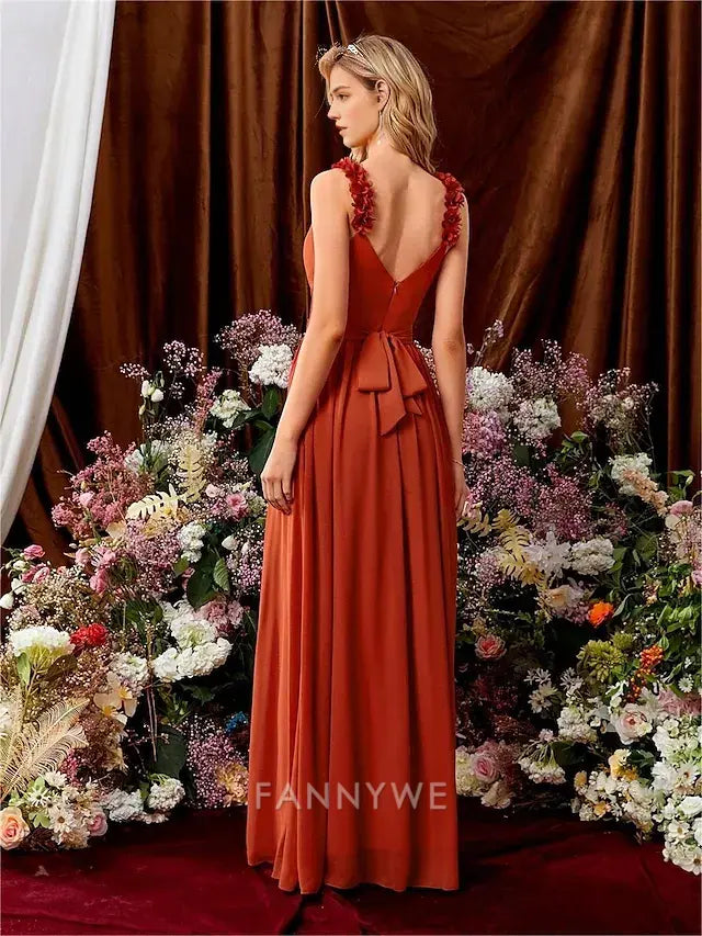 FannyWe Simple A-Line Quinceanera Dresses Elegant Dress Formal Wedding Floor Length Sleeveless V Neck Chiffon Backless with Pleats