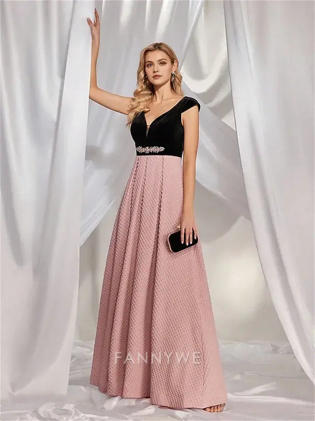 FannyWe Simple A-Line Quinceanera Dresses Elegant Dress Formal Wedding Floor Length Sleeveless V Neck Polyester V Back with Pleats