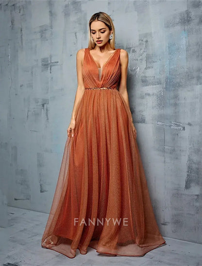 FannyWe Simple A-Line Quinceanera Dresses Elegant Dress Performance Wedding Floor Length Sleeveless V Neck Chiffon with Pleats