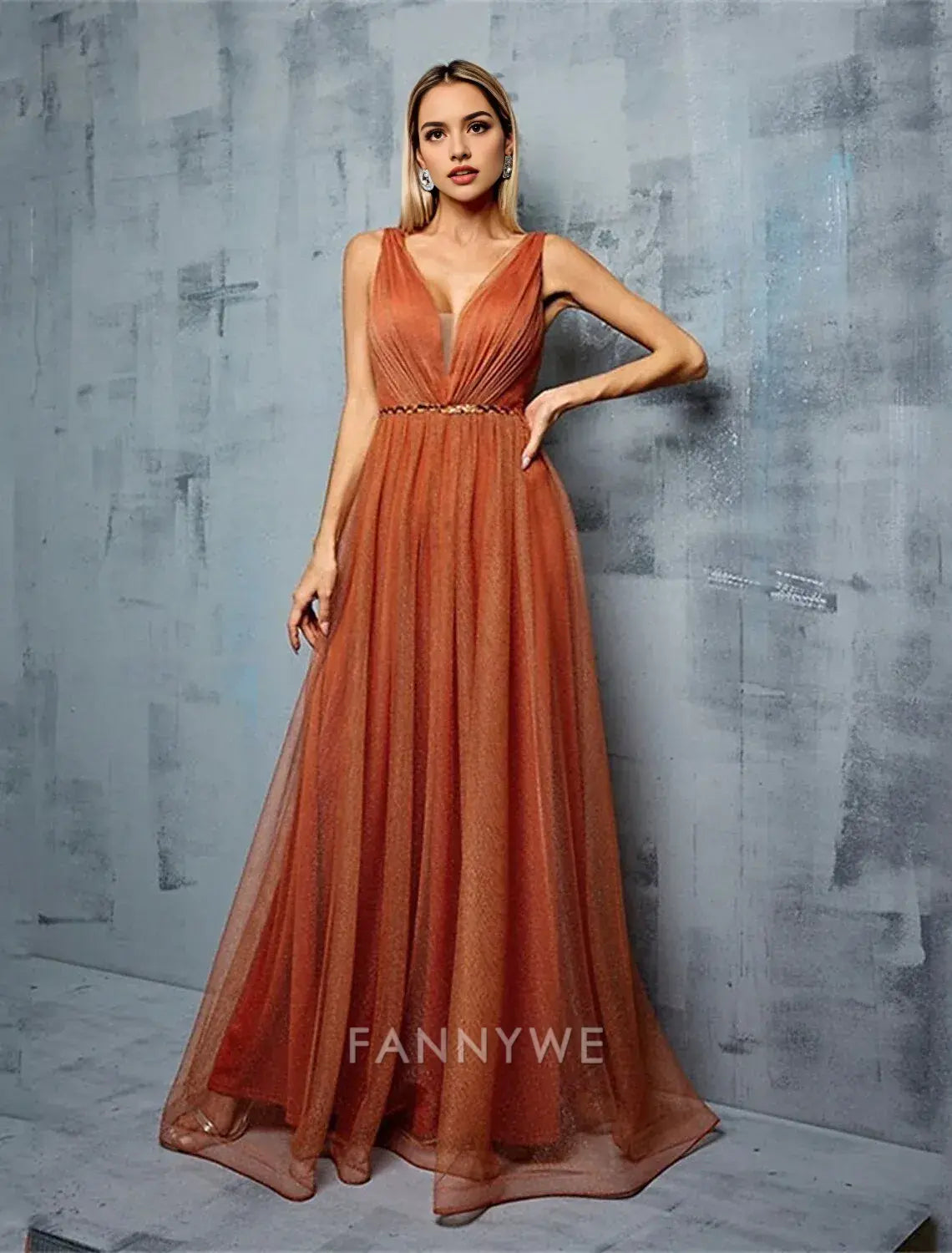 FannyWe Simple A-Line Quinceanera Dresses Elegant Dress Performance Wedding Floor Length Sleeveless V Neck Chiffon with Pleats