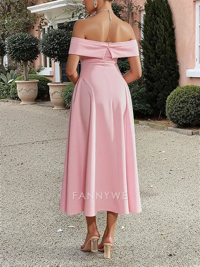 FannyWe Simple A-Line Quinceanera Dresses Elegant Dress Wedding Wedding Guest Ankle Length Short Sleeve Off Shoulder Polyester Backless with Ruched