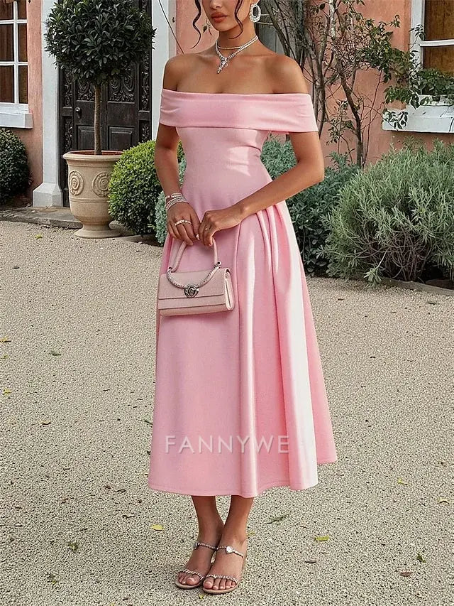 FannyWe Simple A-Line Quinceanera Dresses Elegant Dress Wedding Wedding Guest Ankle Length Short Sleeve Off Shoulder Polyester Backless with Ruched