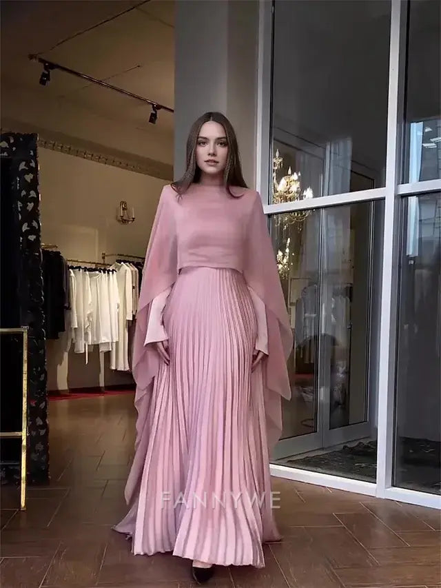 FannyWe Simple A-Line Quinceanera Dresses Elegant Dress Wedding Wedding Guest Floor Length Long Sleeve High Neck Chiffon with Pleats