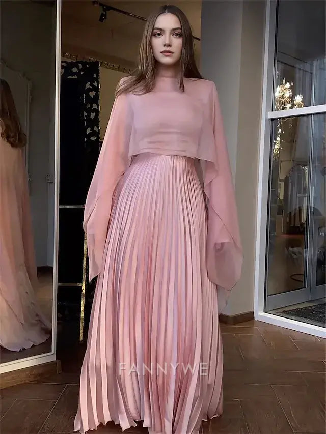 FannyWe Simple A-Line Quinceanera Dresses Elegant Dress Wedding Wedding Guest Floor Length Long Sleeve High Neck Chiffon with Pleats