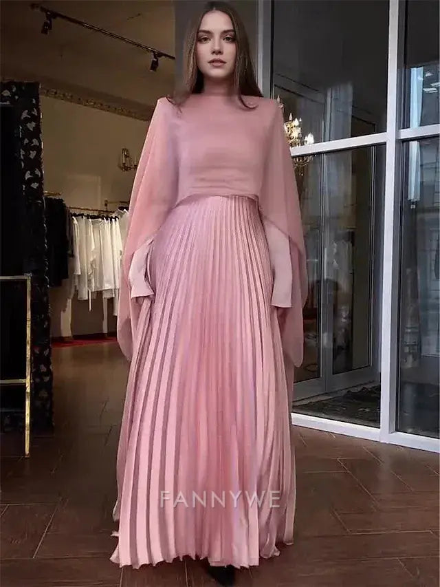 FannyWe Simple A-Line Quinceanera Dresses Elegant Dress Wedding Wedding Guest Floor Length Long Sleeve High Neck Chiffon with Pleats