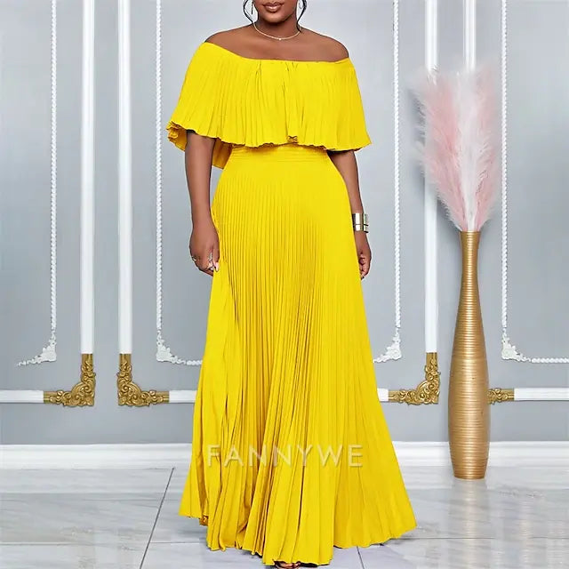 FannyWe Simple A-Line Quinceanera Dresses Elegant Dress Wedding Wedding Guest Floor Length Short Sleeve Off Shoulder Polyester Backless with Pleats