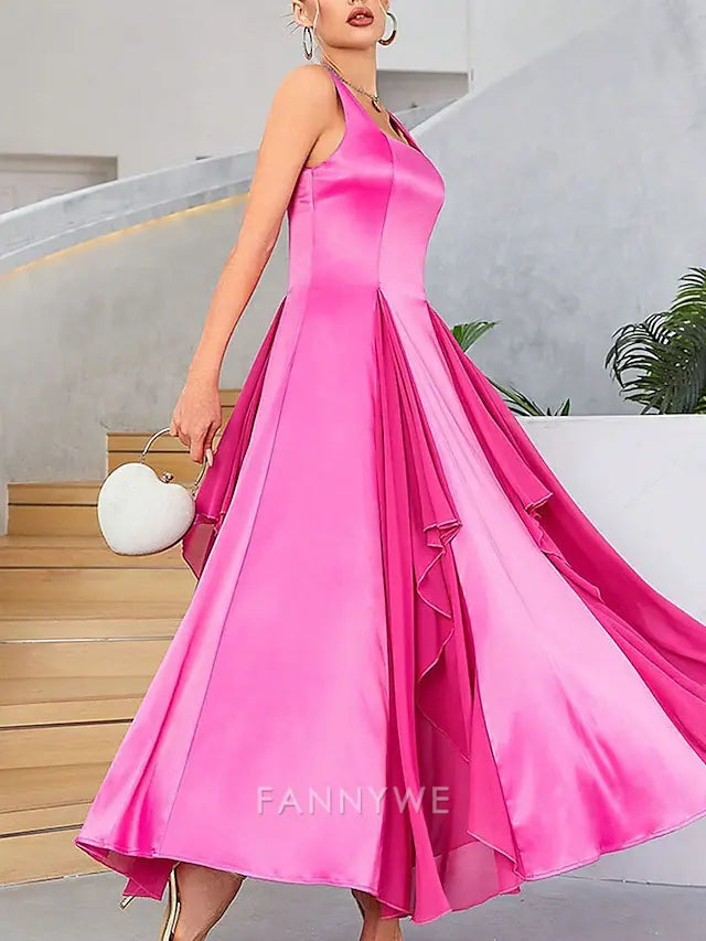 FannyWe Simple A-Line Quinceanera Dresses Elegant Dress Wedding Wedding Guest Knee Length Sleeveless Square Neck Polyester Backless with Pleats Ruffles
