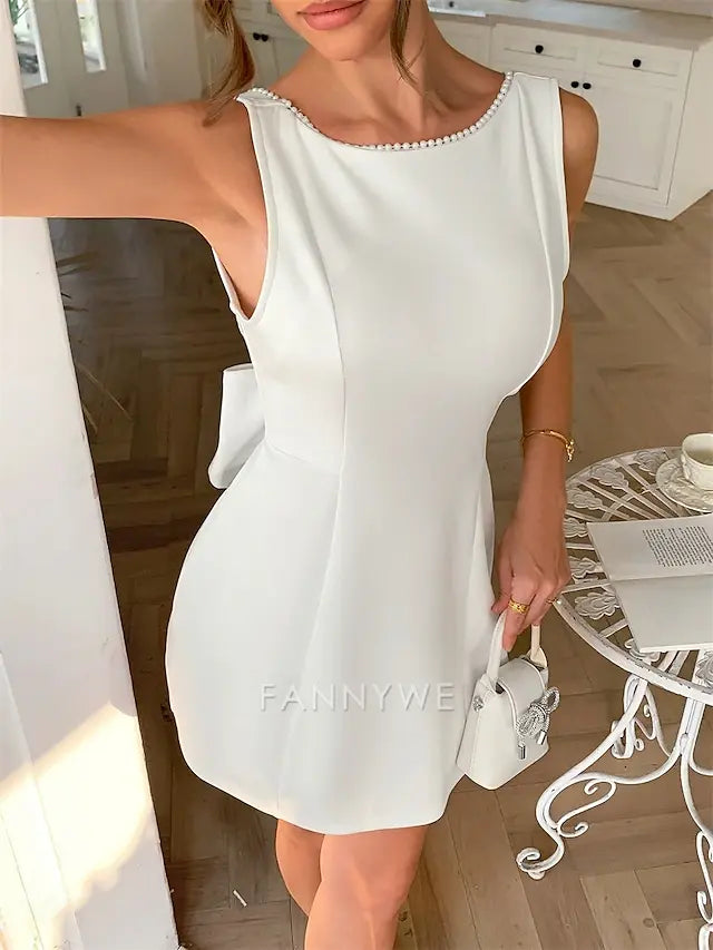 FannyWe Simple A-Line Quinceanera Dresses Elegant Dress Wedding Wedding Guest Short / Mini Sleeveless Boat Neck Satin Backless with Beading