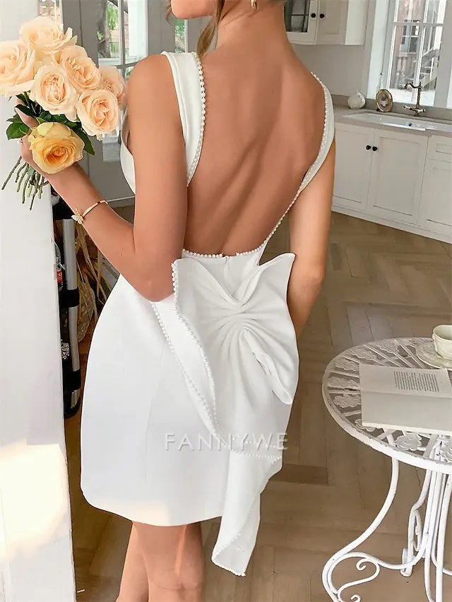 FannyWe Simple A-Line Quinceanera Dresses Elegant Dress Wedding Wedding Guest Short / Mini Sleeveless Boat Neck Satin Backless with Beading
