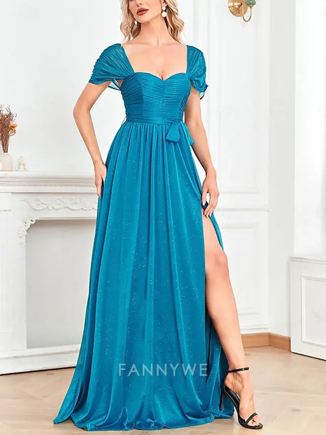 FannyWe Simple  A-Line Quinceanera Dresses Party Dress Wedding Wedding Guest Floor Length Short Sleeve Square Neck Polyester with Glitter