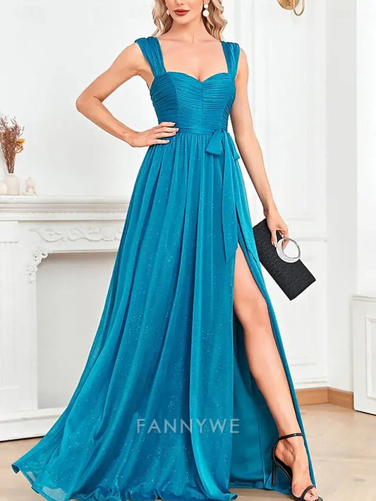 FannyWe Simple  A-Line Quinceanera Dresses Party Dress Wedding Wedding Guest Floor Length Short Sleeve Square Neck Polyester with Glitter