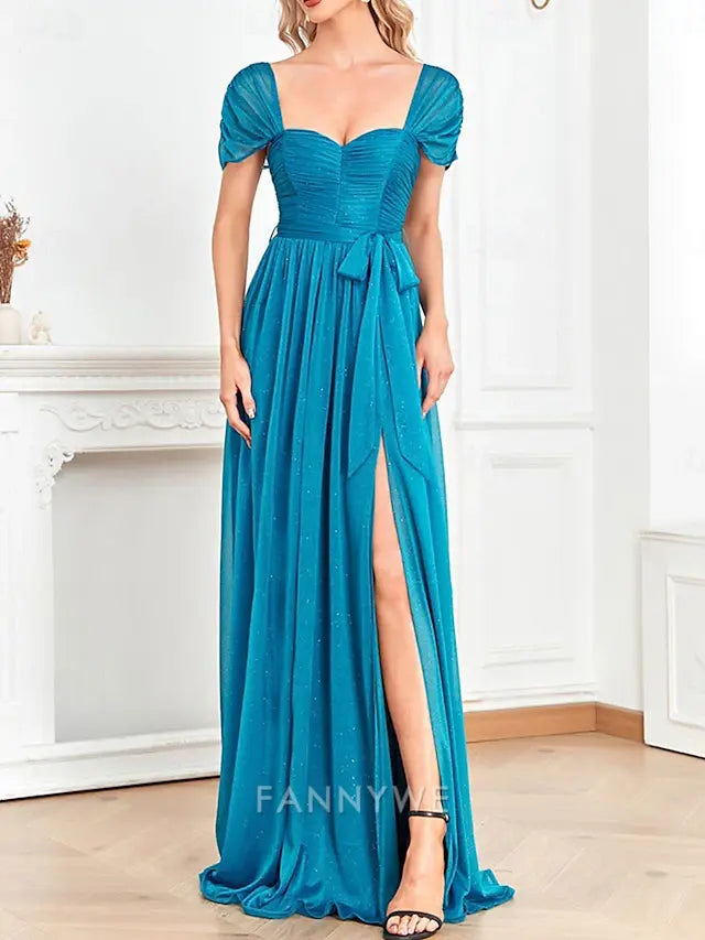 FannyWe Simple  A-Line Quinceanera Dresses Party Dress Wedding Wedding Guest Floor Length Short Sleeve Square Neck Polyester with Glitter