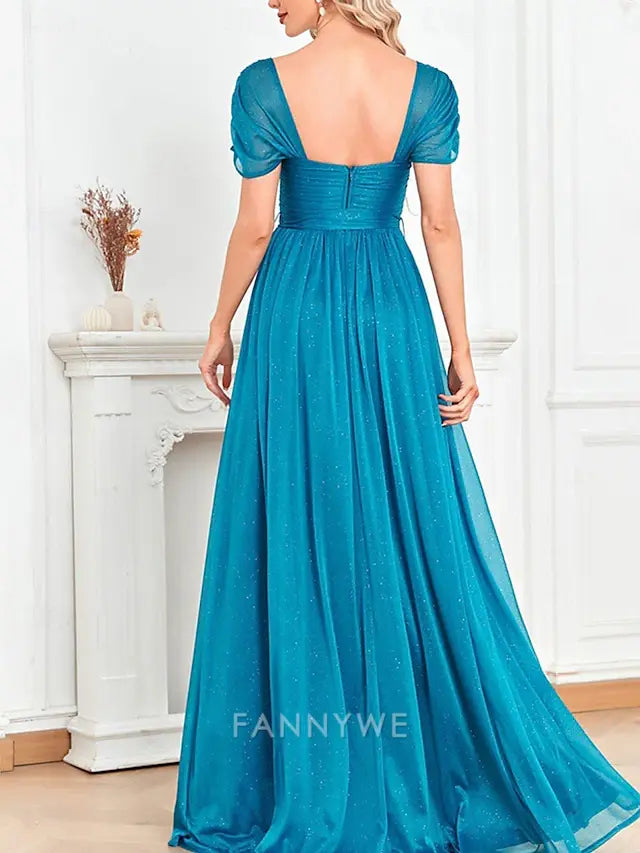 FannyWe Simple  A-Line Quinceanera Dresses Party Dress Wedding Wedding Guest Floor Length Short Sleeve Square Neck Polyester with Glitter