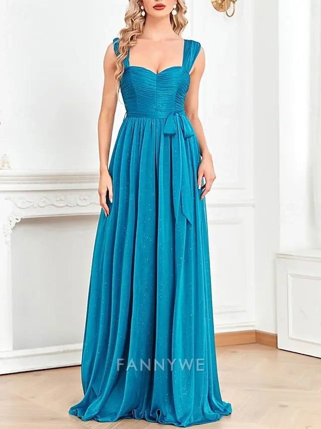 FannyWe Simple  A-Line Quinceanera Dresses Party Dress Wedding Wedding Guest Floor Length Short Sleeve Square Neck Polyester with Glitter