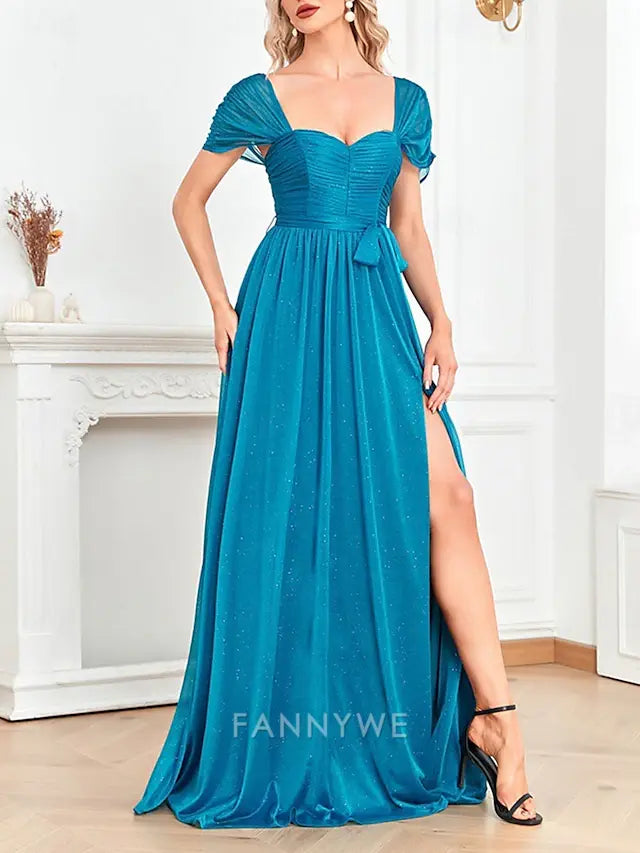 FannyWe Simple  A-Line Quinceanera Dresses Party Dress Wedding Wedding Guest Floor Length Short Sleeve Square Neck Polyester with Glitter