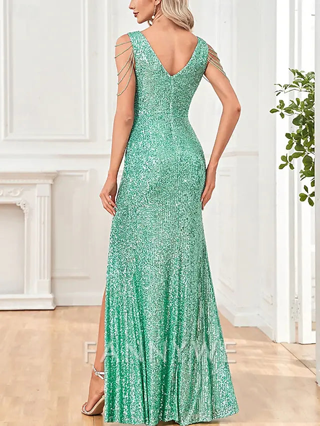 FannyWe Simple A-Line Quinceanera Dresses Party Dress Wedding Wedding Guest Floor Length Sleeveless V Neck Cotton with Sequin