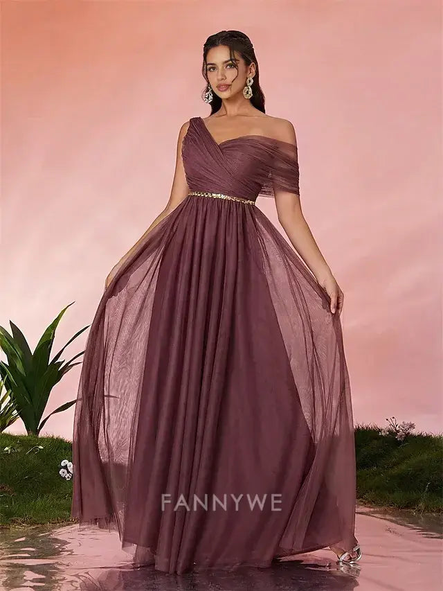FannyWe Simple A-Line Quinceanera Dresses Party Dress Wedding Wedding Guest Floor Length Sleeveless V Neck Tulle Backless with Pleats