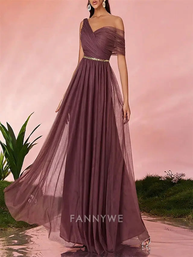 FannyWe Simple A-Line Quinceanera Dresses Party Dress Wedding Wedding Guest Floor Length Sleeveless V Neck Tulle Backless with Pleats
