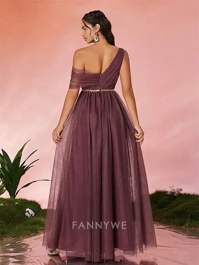 FannyWe Simple A-Line Quinceanera Dresses Party Dress Wedding Wedding Guest Floor Length Sleeveless V Neck Tulle Backless with Pleats