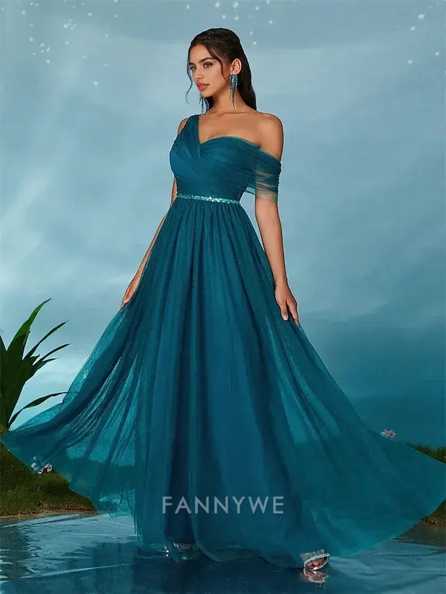 FannyWe Simple A-Line Quinceanera Dresses Party Dress Wedding Wedding Guest Floor Length Sleeveless V Neck Tulle Backless with Pleats