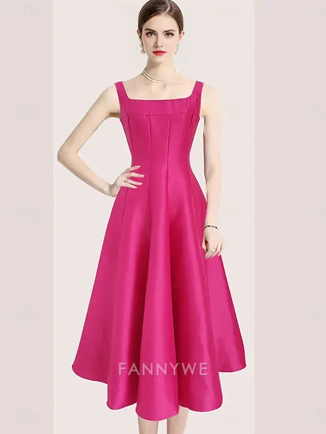 FannyWe Simple A-Line Quinceanera Dresses Vintage Dress Wedding Wedding Guest Tea Length Sleeveless Scoop Neck Polyester Backless with Pleats