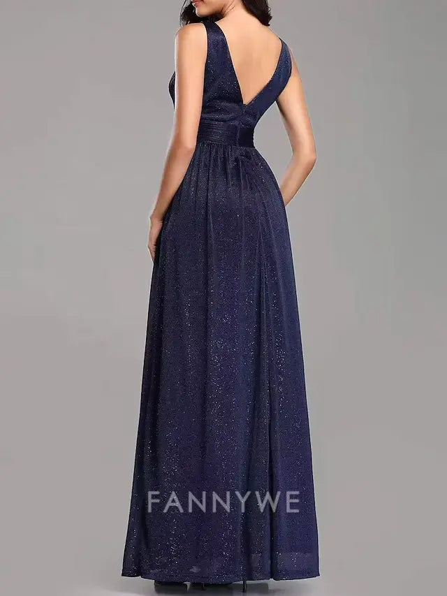 FannyWe Simple A-Line Wedding Guest Dresses Party Dress Evening Party Prom Floor Length Sleeveless V Neck Cotton Backless with Glitter Ruched