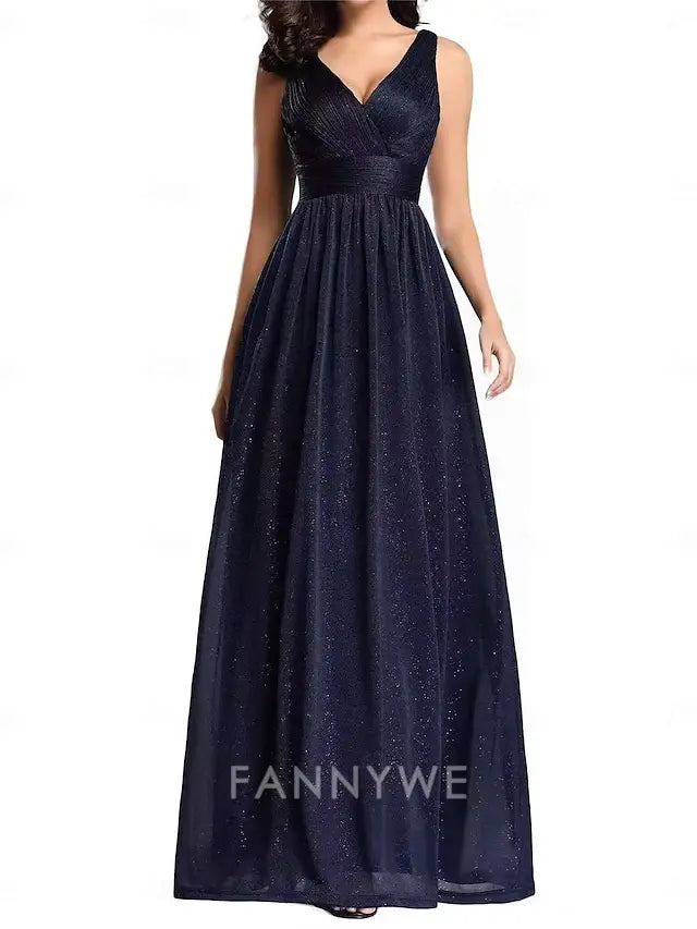FannyWe Simple A-Line Wedding Guest Dresses Party Dress Evening Party Prom Floor Length Sleeveless V Neck Cotton Backless with Glitter Ruched