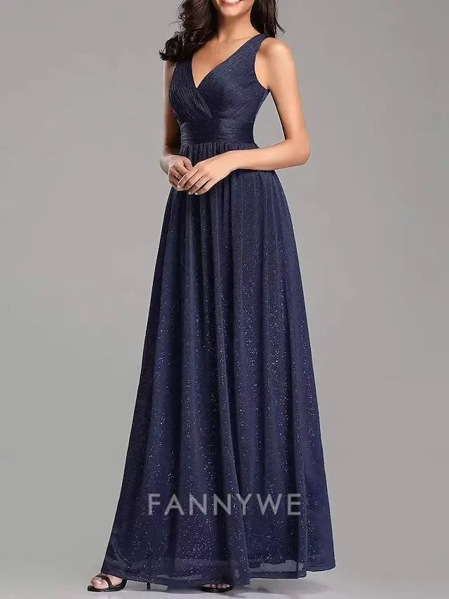 FannyWe Simple A-Line Wedding Guest Dresses Party Dress Evening Party Prom Floor Length Sleeveless V Neck Cotton Backless with Glitter Ruched