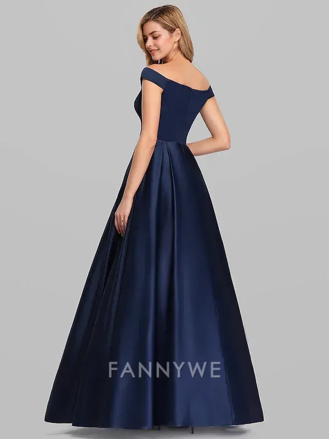 FannyWe Simple Ball Gown Black Dress Party Dress Elegant Quinceanera Prom Birthday Dress Off Shoulder Short Sleeve Floor Length Satin with Pleats dress to impress