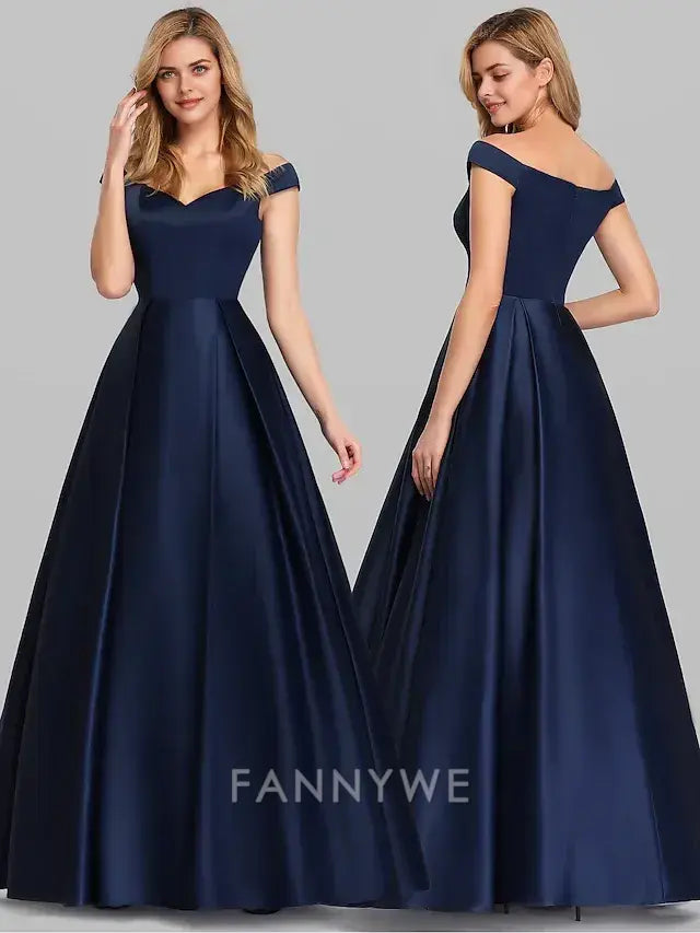 FannyWe Simple Ball Gown Black Dress Party Dress Elegant Quinceanera Prom Birthday Dress Off Shoulder Short Sleeve Floor Length Satin with Pleats dress to impress