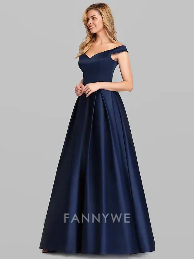FannyWe Simple Ball Gown Black Dress Party Dress Elegant Quinceanera Prom Birthday Dress Off Shoulder Short Sleeve Floor Length Satin with Pleats dress to impress