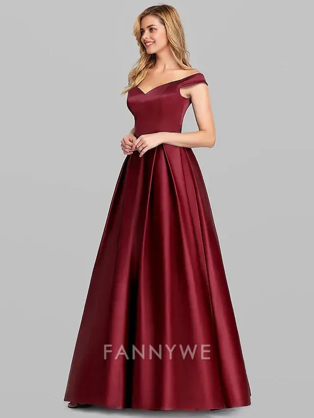 FannyWe Simple Ball Gown Black Dress Party Dress Elegant Quinceanera Prom Birthday Dress Off Shoulder Short Sleeve Floor Length Satin with Pleats dress to impress