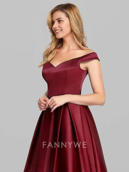 FannyWe Simple Ball Gown Black Dress Party Dress Elegant Quinceanera Prom Birthday Dress Off Shoulder Short Sleeve Floor Length Satin with Pleats dress to impress